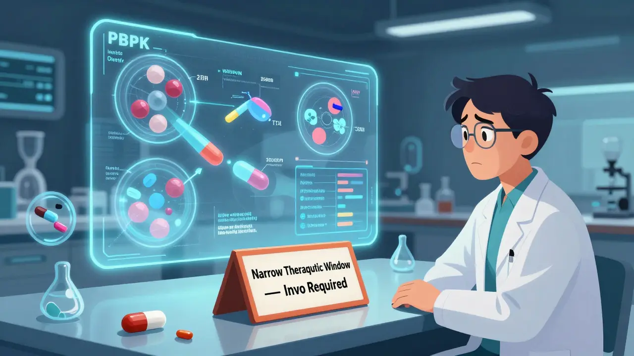 Holographic drug absorption model next to a warning sign for narrow therapeutic index drugs.