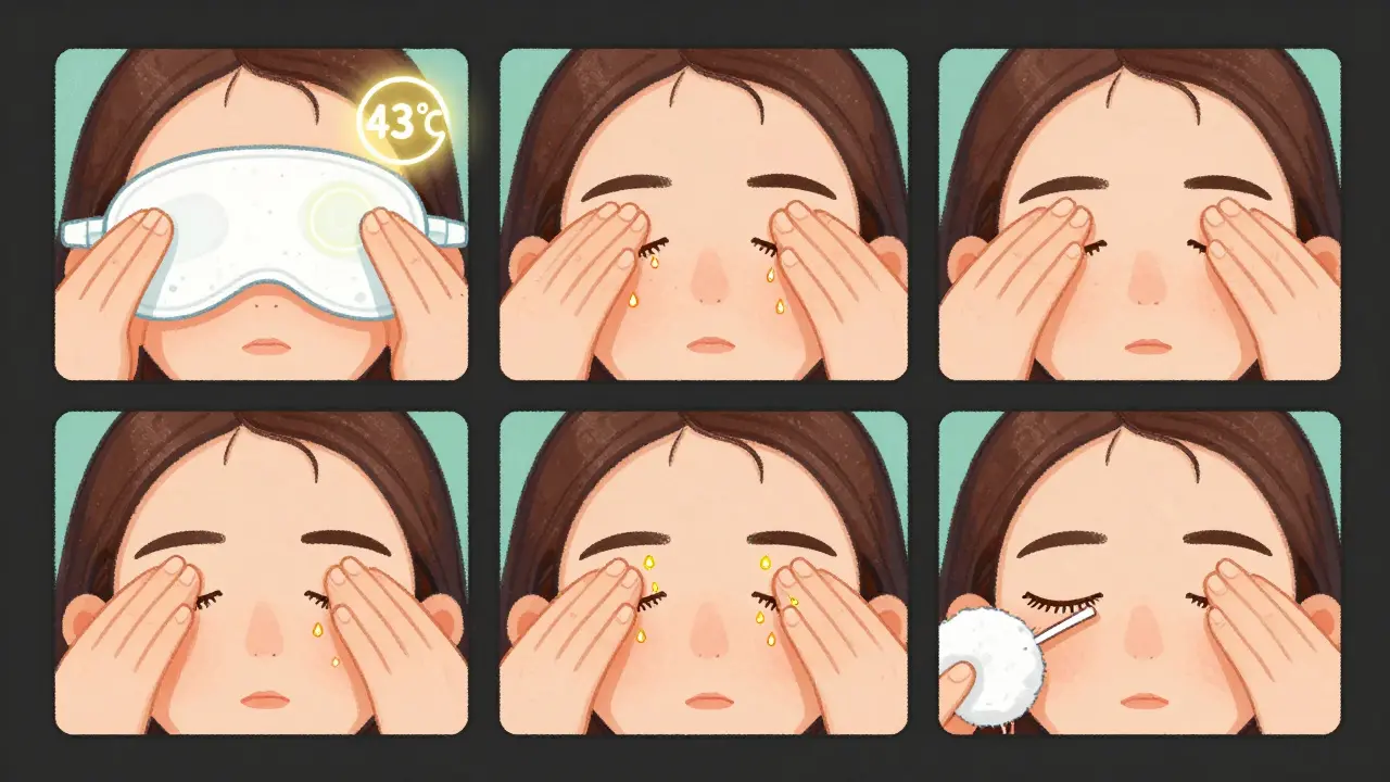 Illustrated step-by-step warm compress routine: heated mask, gentle lid massage, oil droplets flowing out, debris being cleaned.