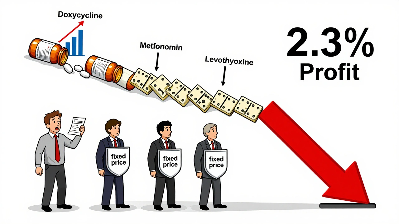 Medicine bottles toppling like dominos as insurers turn away and profit scales tip red.