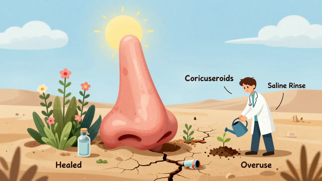 Nose as a garden: one side healthy and blooming, other side dry and cracked with a doctor planting a healing seed.