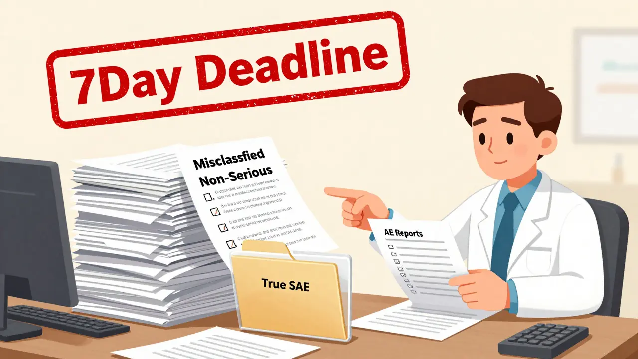 Overwhelming pile of misclassified reports drowning a single true serious adverse event folder.