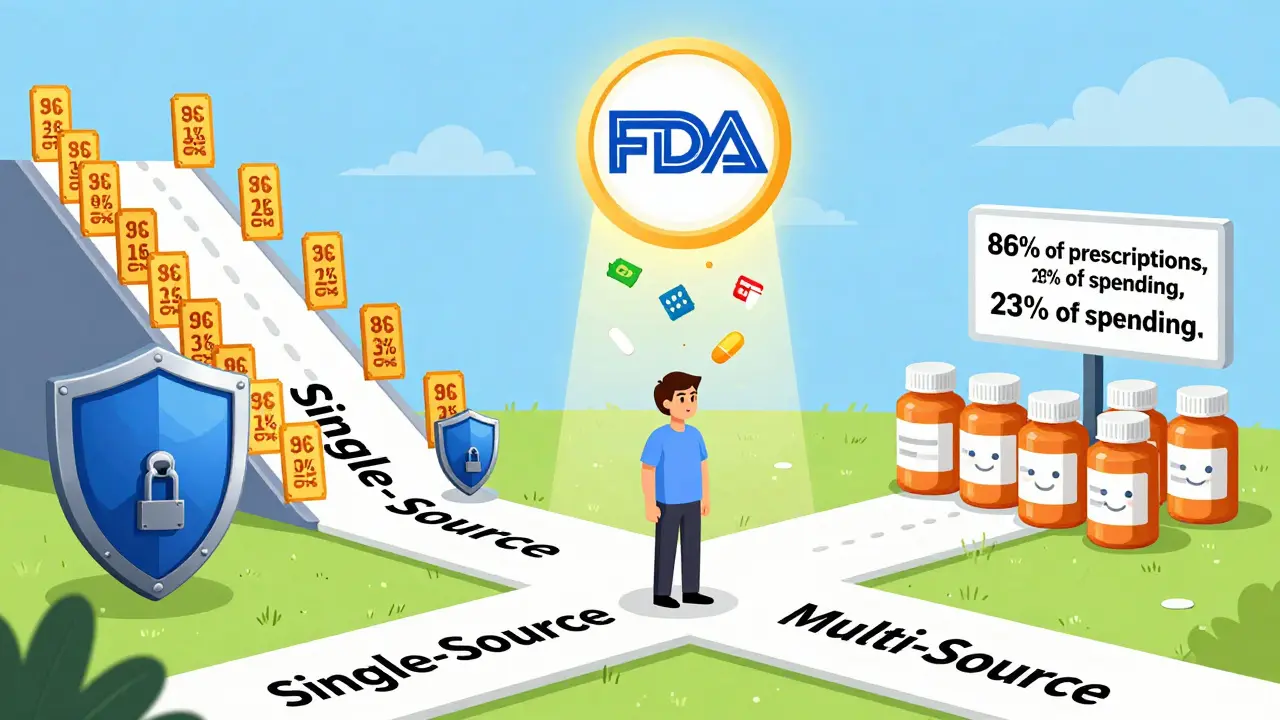 Patient choosing between steep costly path and flat affordable path labeled single-source vs multi-source drugs.