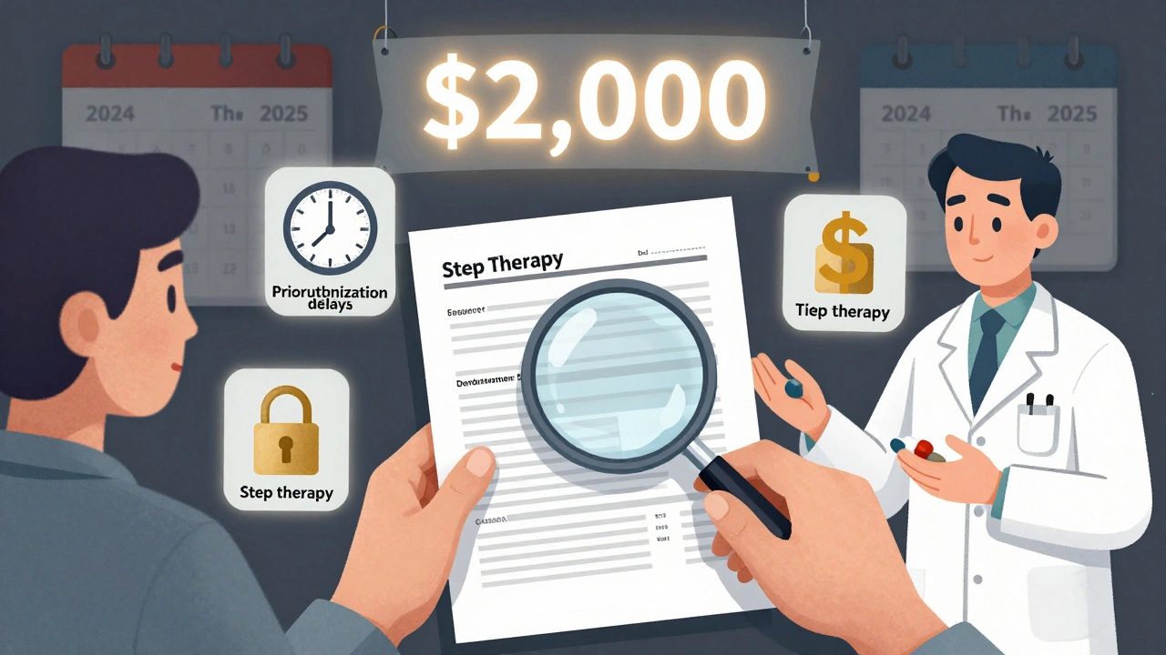 Patient examining formulary under magnifying glass, surrounded by icons of delays, substitutions, and rising cost caps.