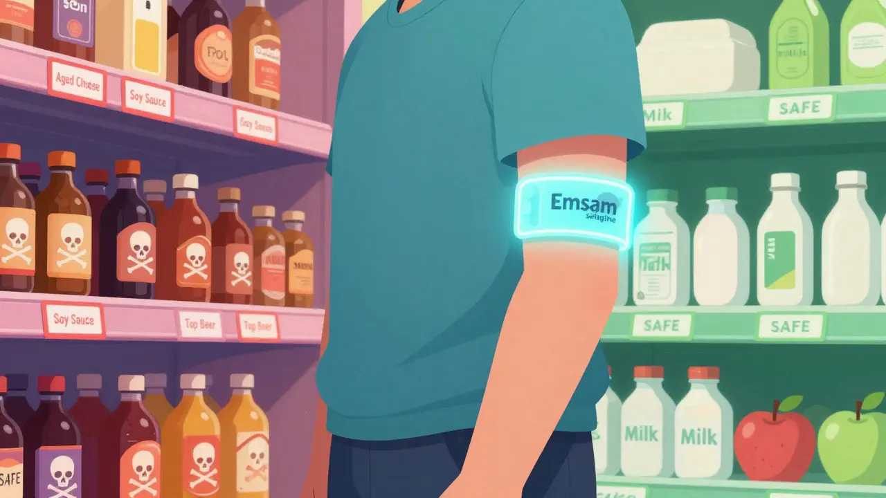 Person at grocery store with red-danger foods on one shelf and green-safe foods on the other, medical patch visible on arm.