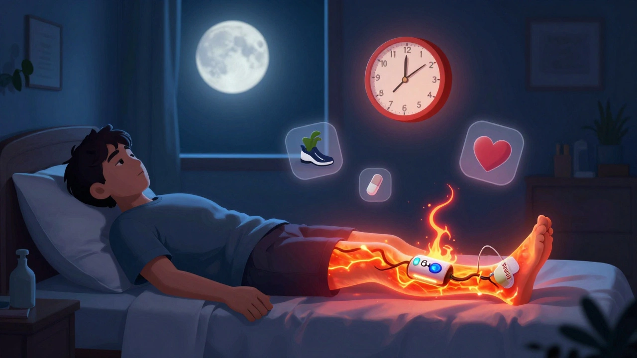 Person in bed with electric pain signals in legs, TENS unit and lidocaine patch applied, night scene with moonlight