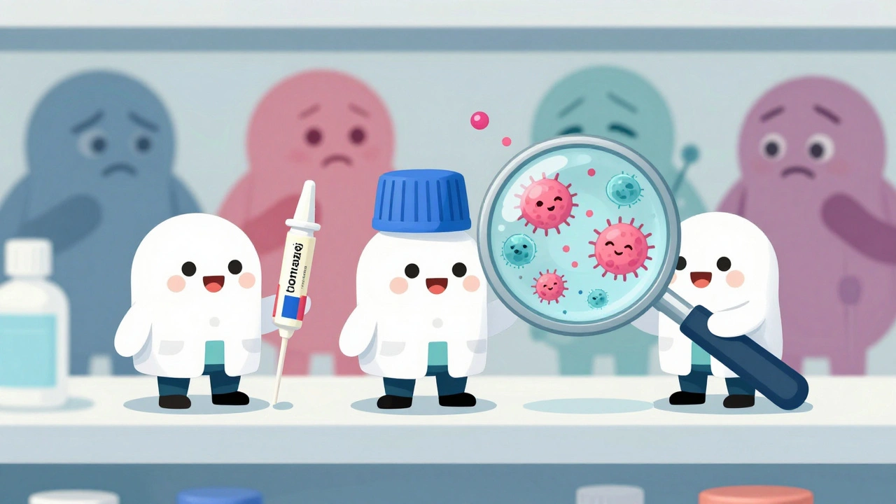 Personified OTC yeast infection treatments standing on a pharmacy shelf with healthy bacteria.