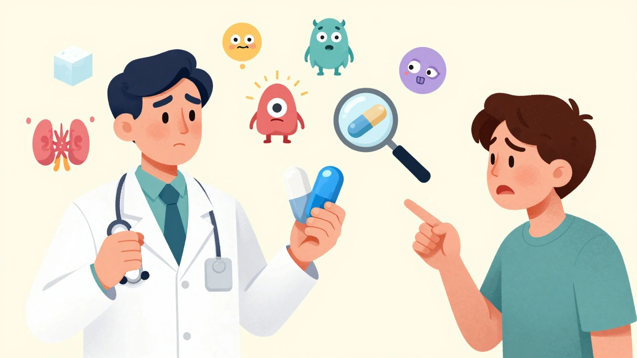 Pharmacist explaining pill differences to a confused patient, with floating icons showing harmful excipients causing health issues.