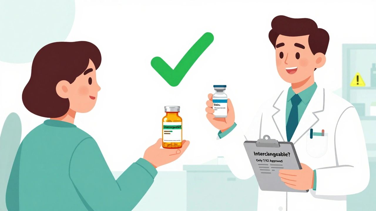 Pharmacist giving generic pill with green checkmark vs. biosimilar with caution sign, showing substitution rules.
