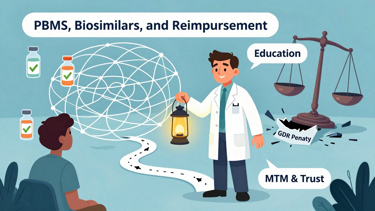 Pharmacist guiding patient through complex healthcare system, holding education lantern, while broken penalty scale falls behind.