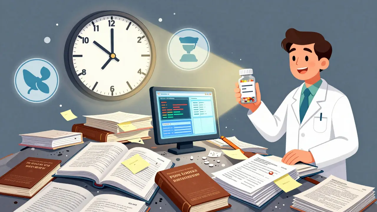 Pharmacist overwhelmed by paperwork and error messages, while simplified regional rules emerge as light shines on a clear pill bottle.