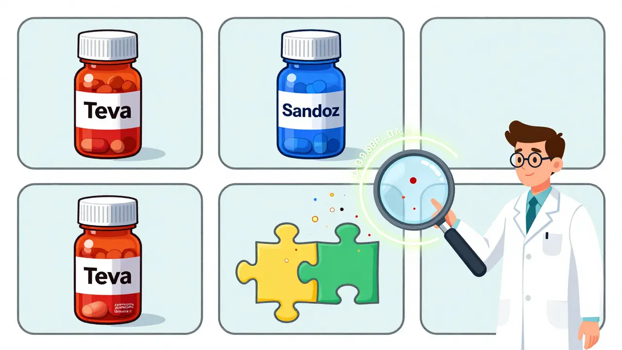 Pill bottle changing colors and shapes each month, representing generic switches with invisible inactive ingredients floating nearby.