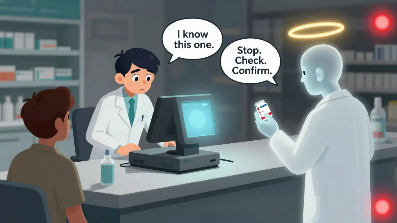 Rushed pharmacist ignoring scanner while ghost version pauses to verify label—safety halo forms around correct choice.