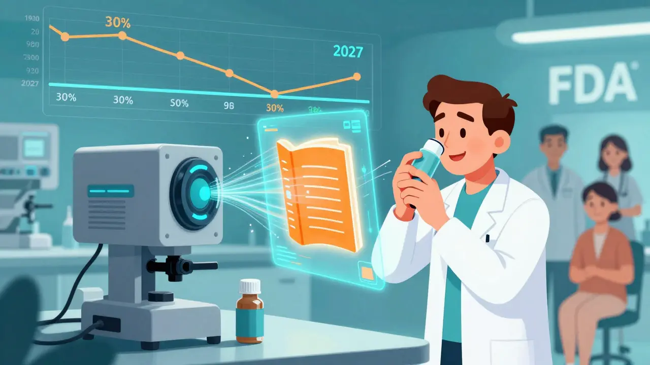 Scientists analyzing an inhaler with holograms as B-rated drugs decrease on a timeline toward 2027.