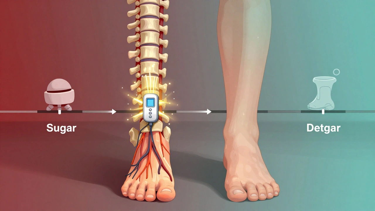 Spinal implant sending golden pulses to restore sensation in feet, one foot healing while other remains numb