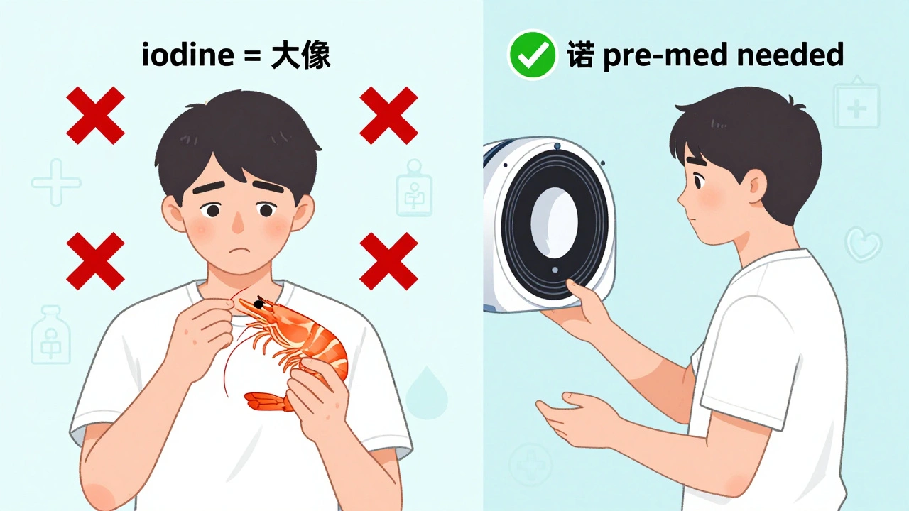 Split illustration comparing shellfish allergy myths to factual contrast dye safety with checkmarks and Xs.