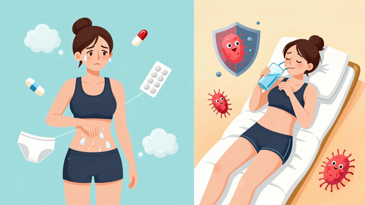 Split illustration showing triggers of yeast infections versus healthy habits.
