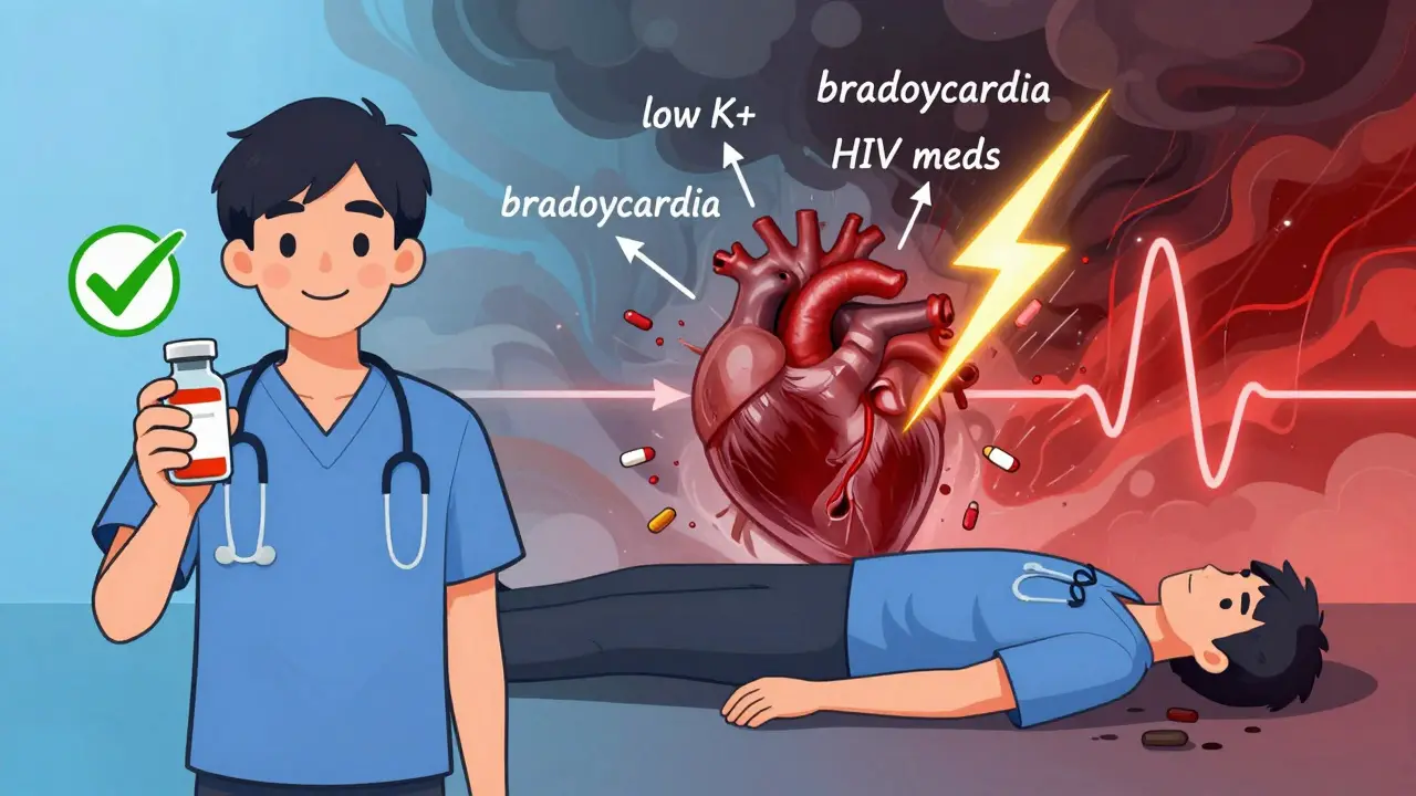 Split scene: calm patient vs. heart collapse from drug interactions and risk factors like low potassium and bradycardia.