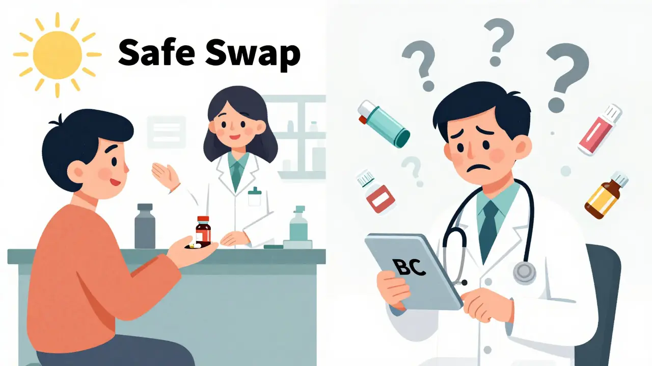 Split scene: patient receiving safe AB generic pill vs. doctor confused by BC-coded complex drug delivery systems.
