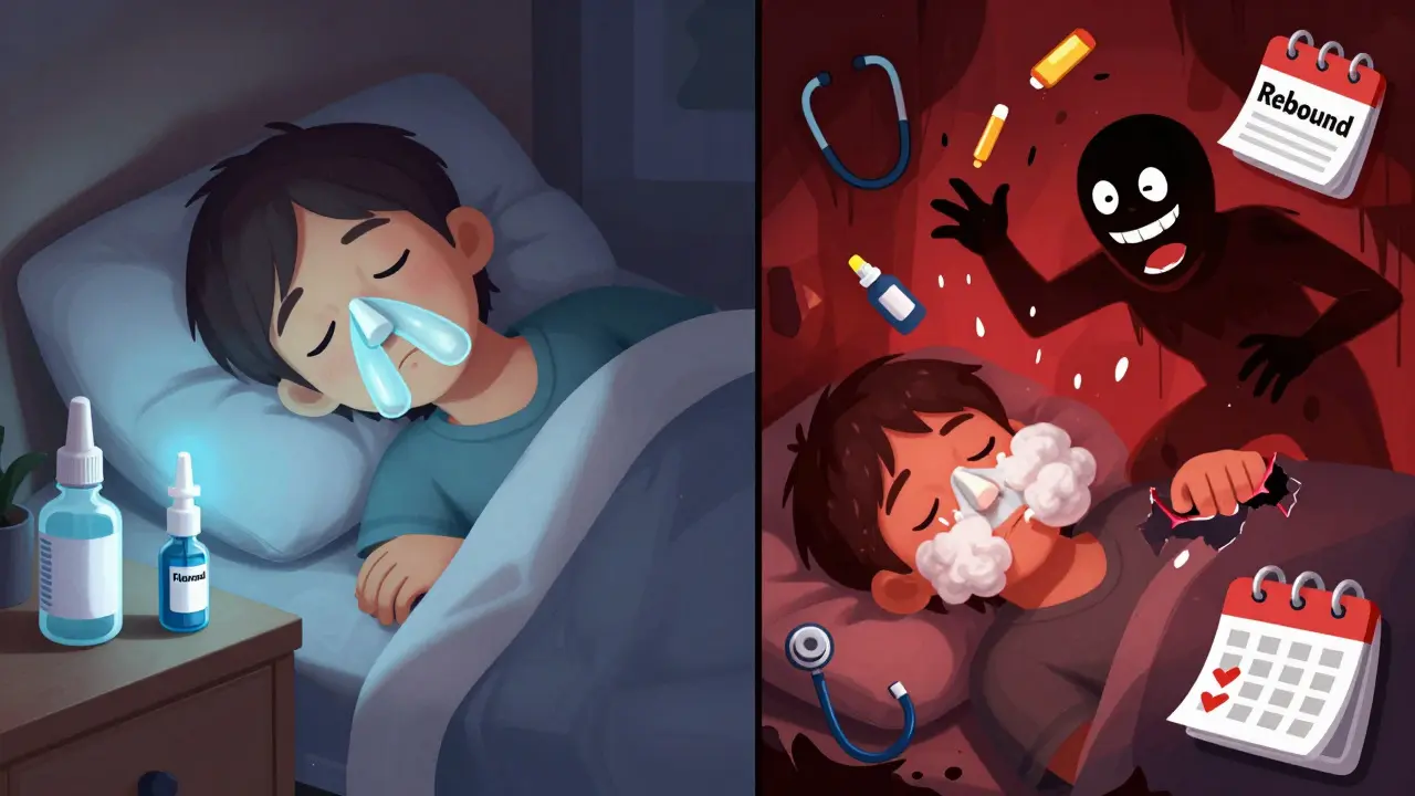 Split scene: peaceful sleep with nasal treatment vs. chaotic nightmare of congestion and spray bottles raining down.