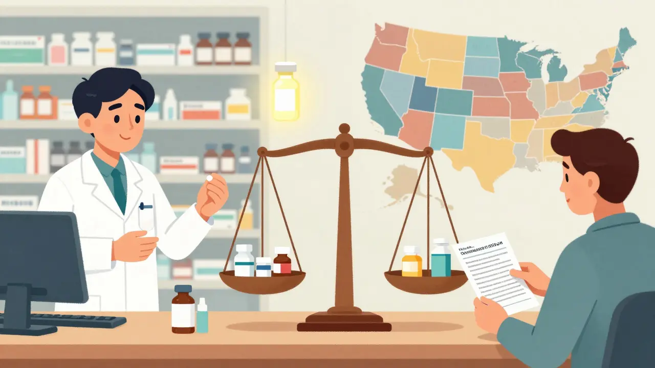 Split scene showing automatic generic substitution on one side and informed patient consent on the other, with a scale balancing cost and safety.