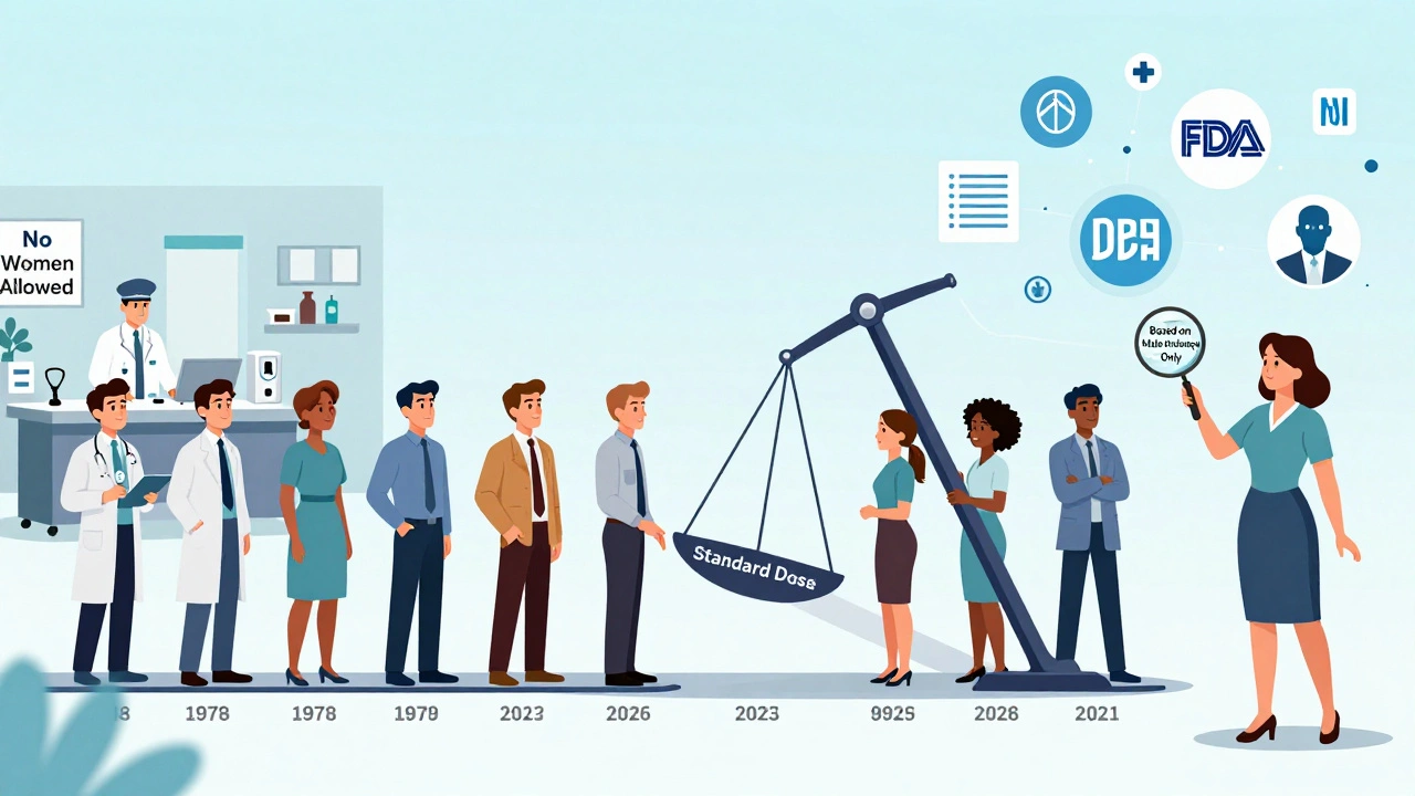 Timeline artwork contrasting historical exclusion of women from drug trials with modern efforts for sex-specific research.