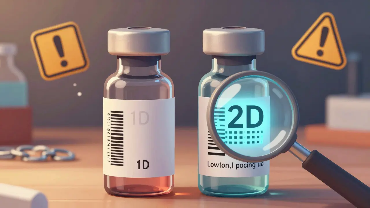 Two insulin vials compared: one with faded barcode, one with glowing 2D code showing lot and expiration details.