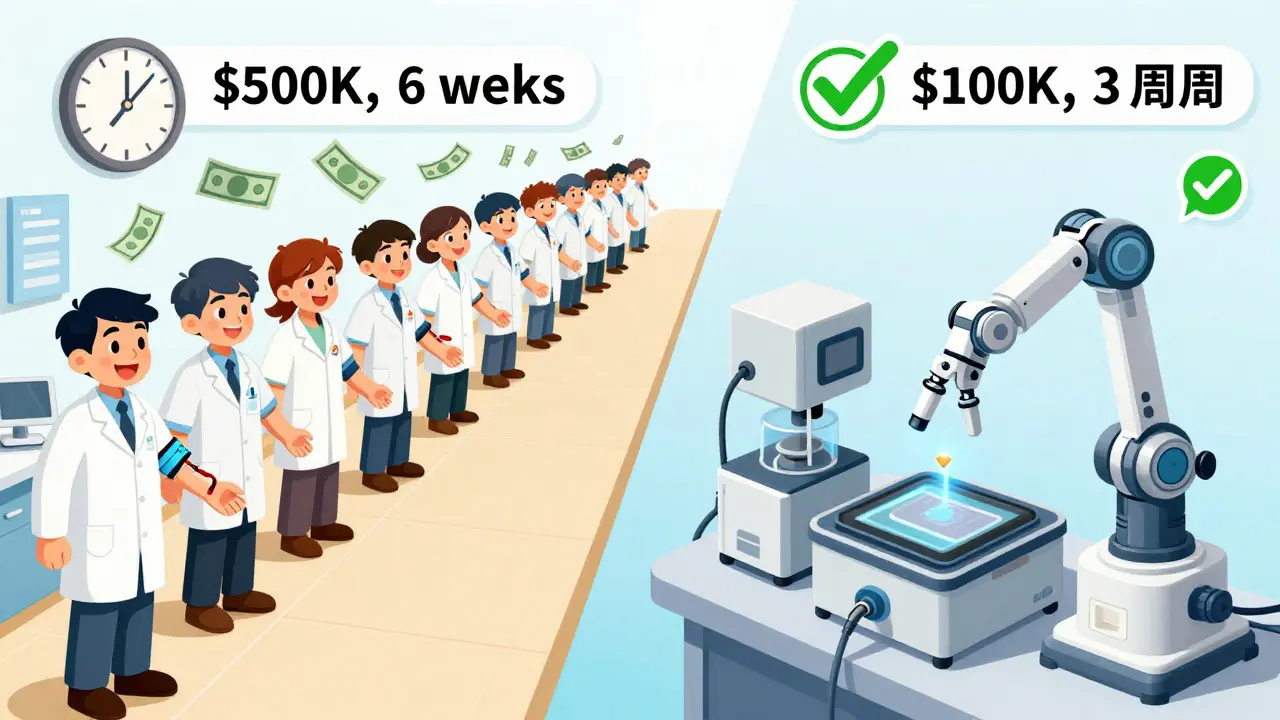 Two pathways: human volunteers with high costs vs automated lab machines with low costs and fast results.