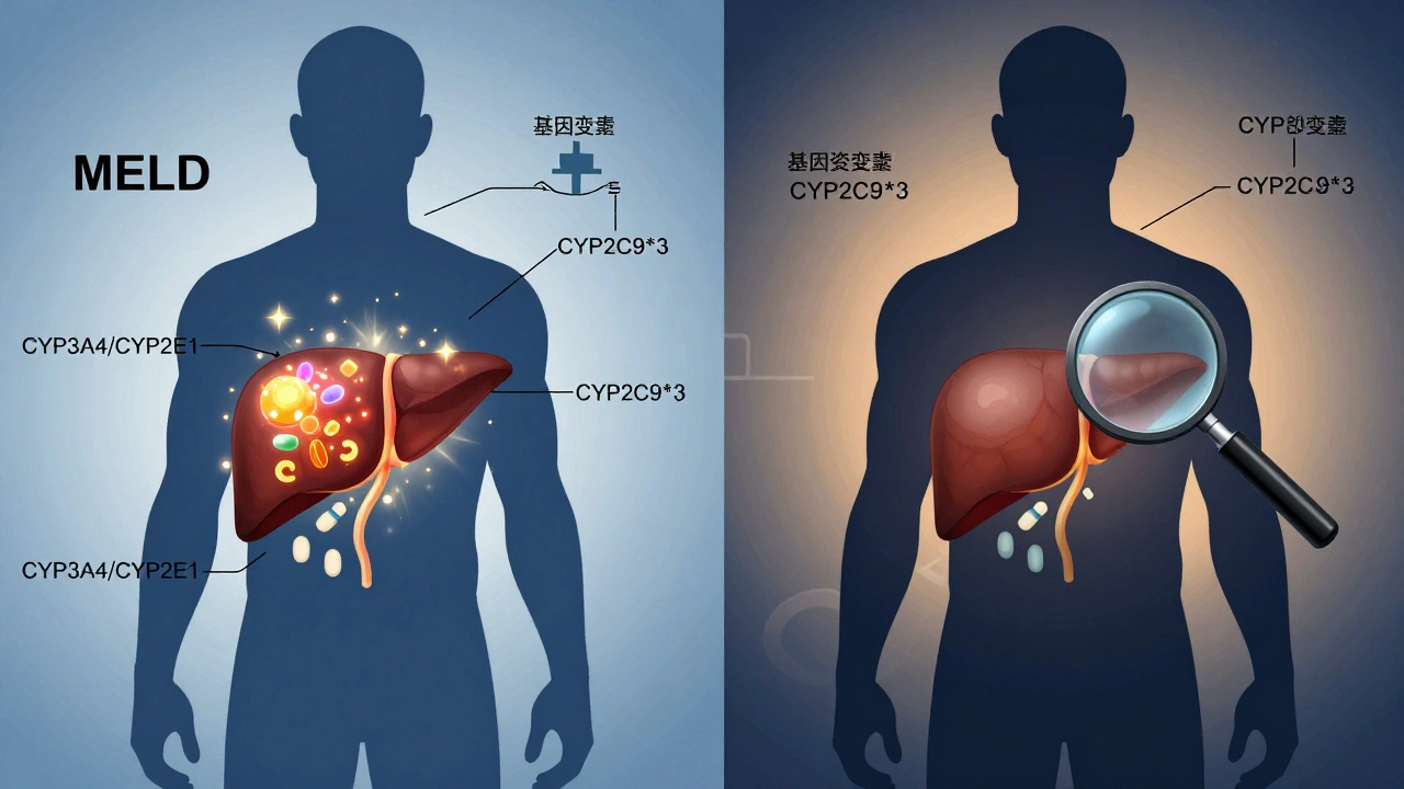 Two patients with same MELD scores but different enzyme activity levels affecting drug clearance.