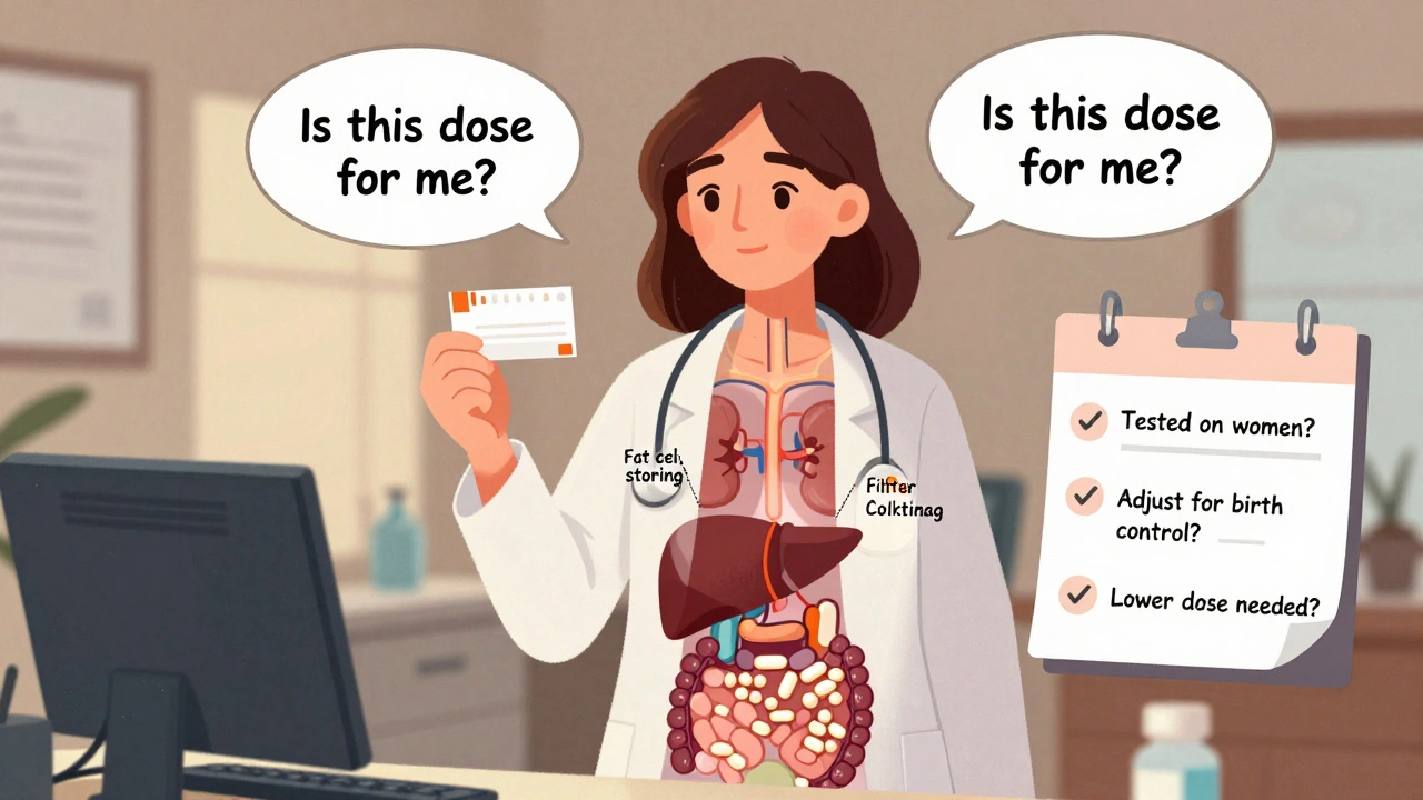 Woman in doctor’s office with translucent internal body processes showing how medications are metabolized differently.