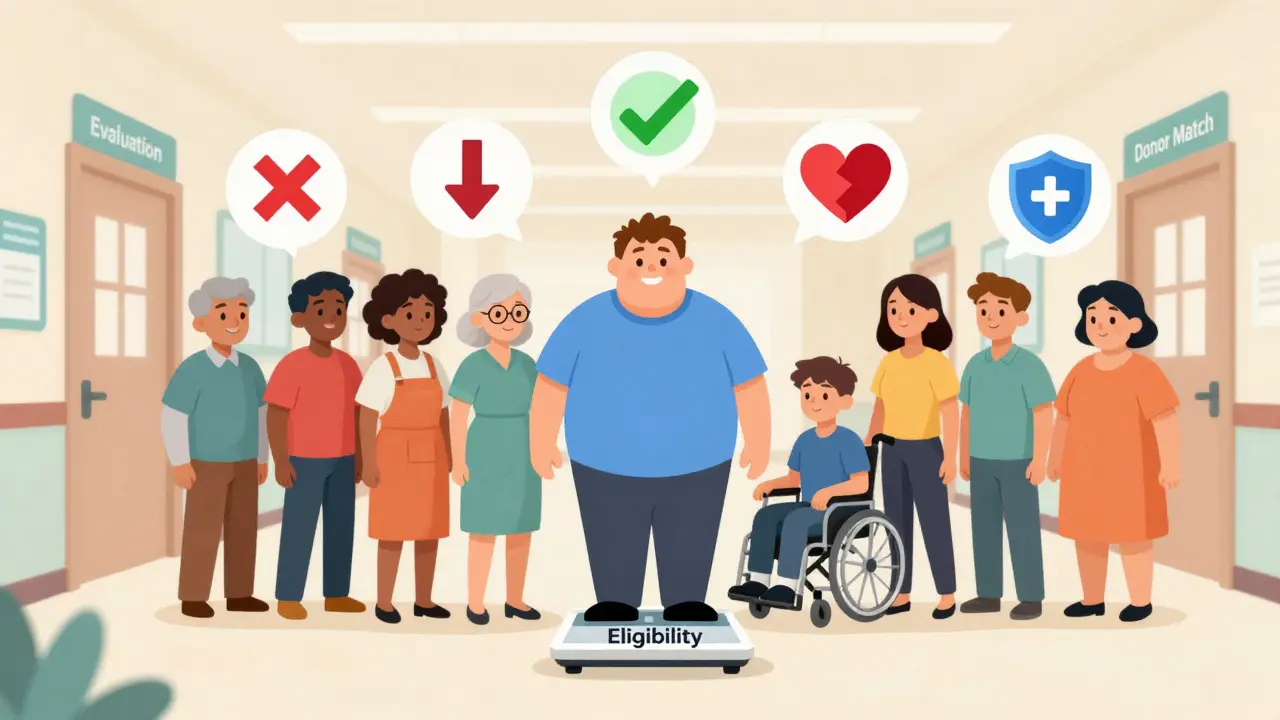 A diverse group of people evaluated for transplant eligibility with floating health condition icons in a clinic hallway setting.