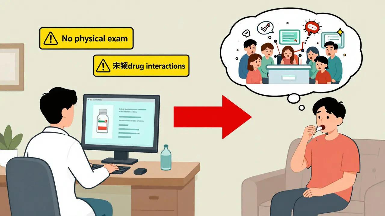 A doctor prescribes on a screen while a patient at home faces a chaotic ER, showing telehealth medication risks.