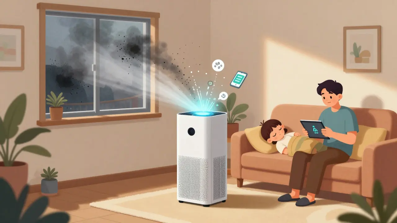 A family in a living room with a HEPA air purifier filtering pollution from outside, child sleeping peacefully as clean air glows around them.