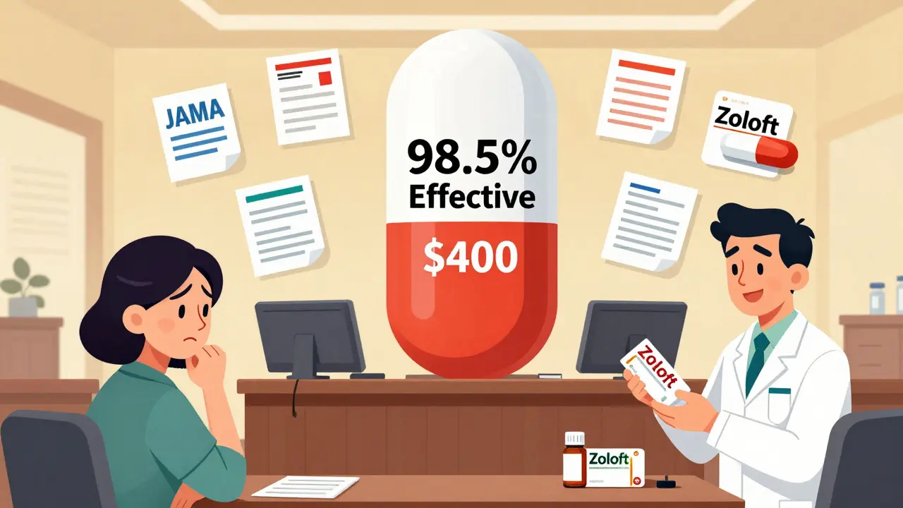 A giant generic pill defeating a costly brand-name pill in a courtroom, surrounded by scientific studies and a smiling patient.