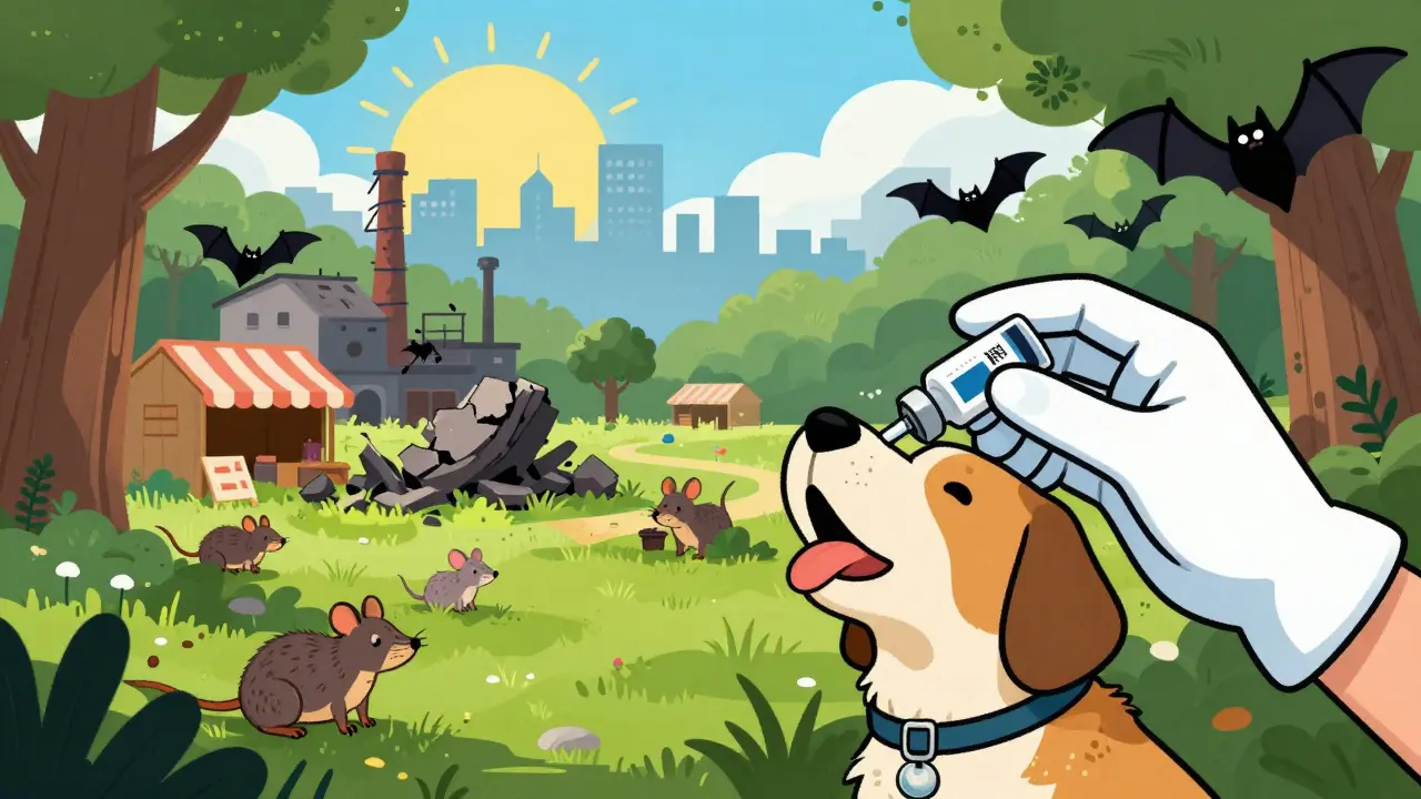 A gloved hand vaccinating a dog as nature reclaims a factory farm and wildlife market.