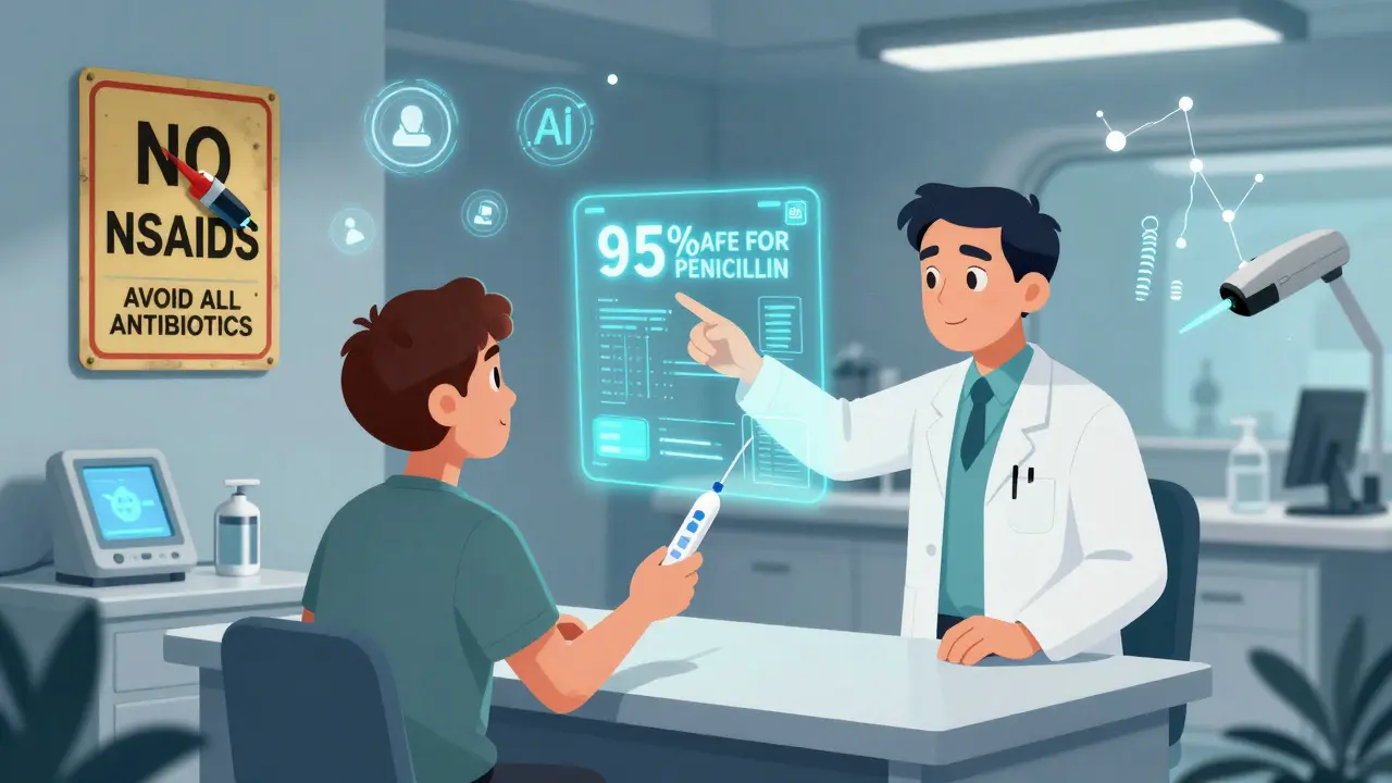 A patient seeing a holographic safety result for penicillin in a futuristic clinic, with outdated warnings being erased.