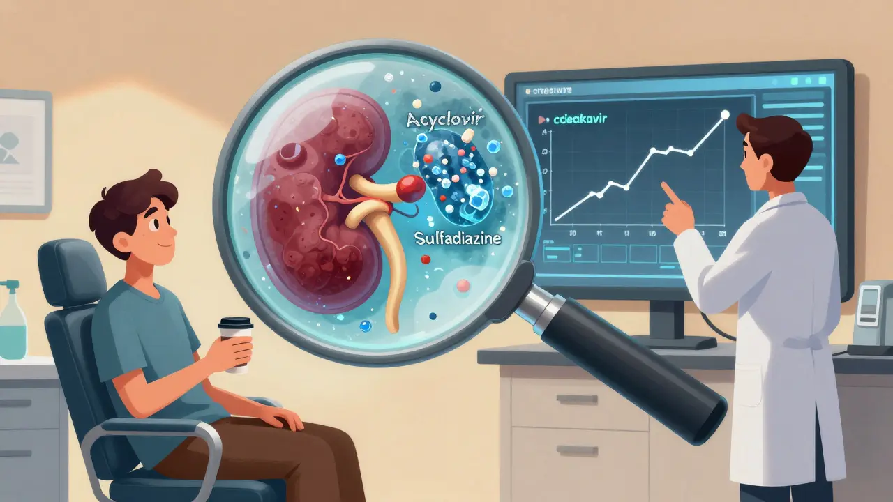 A patient with a magnifying glass revealing drug crystals clogging kidney tubules, while a doctor monitors a rising creatinine graph.