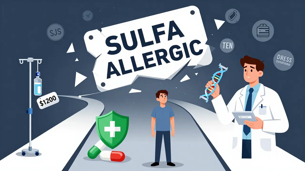 A person choosing between dangerous and safe drug options after a sulfa reaction, with specialist and testing tools nearby.