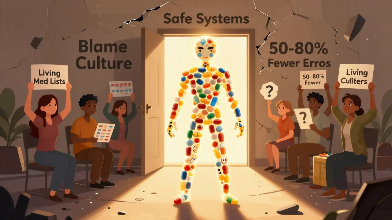 A person-shaped figure of pills stands before a crumbling wall of blame, walking toward a safe system path with patient tools.