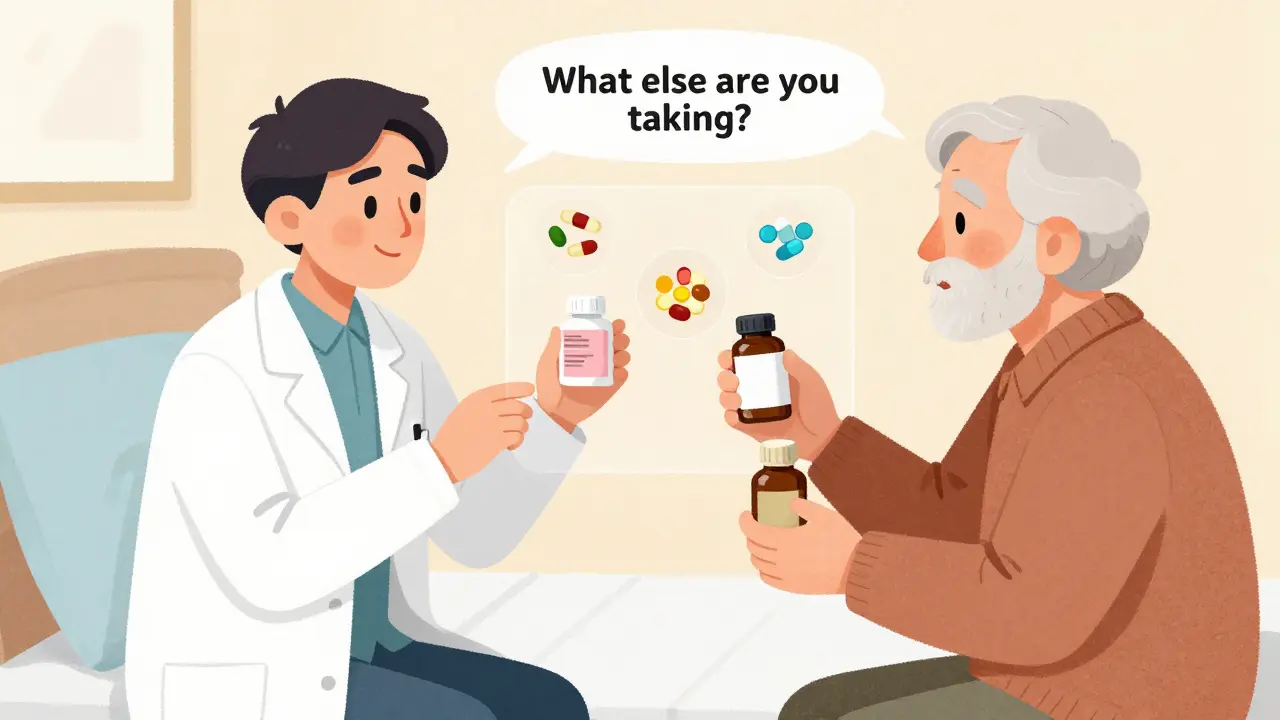 A pharmacist asks an elderly patient about all medications they take, including supplements, in a warm bedside setting.