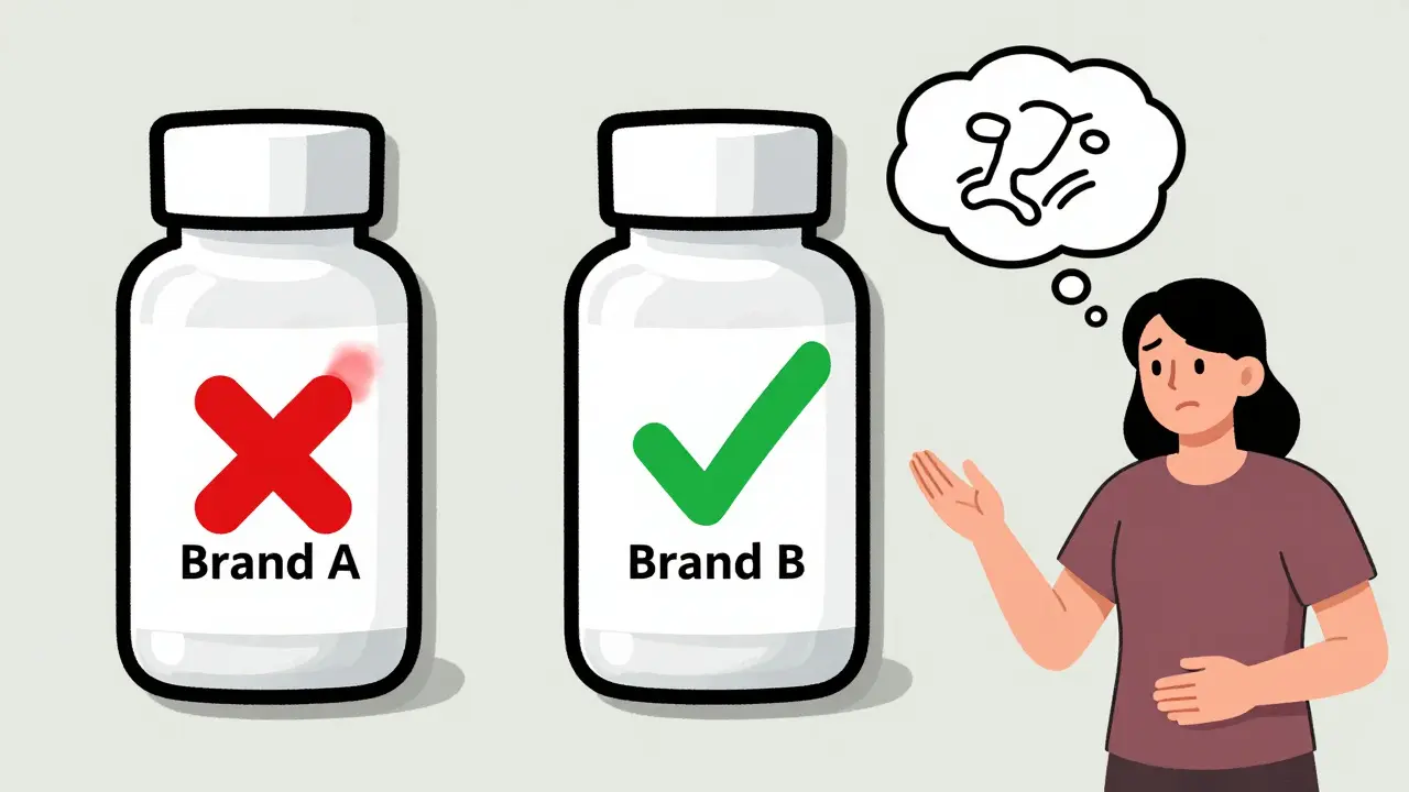 A pharmacist holding two pills, one with a red warning over lactose, the other with a green checkmark for gluten-free, beside a concerned patient.