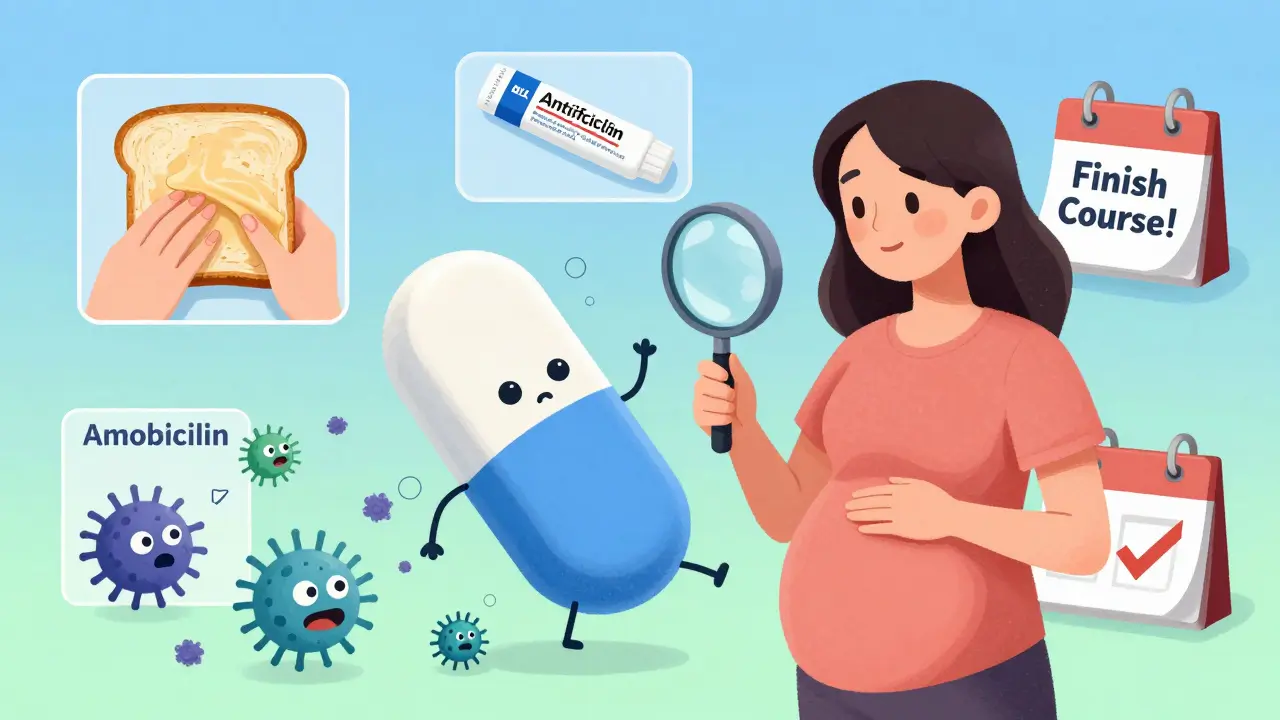 A pregnant woman using a magnifying glass to examine a safe antibiotic, with side effects shown in surrounding panels.