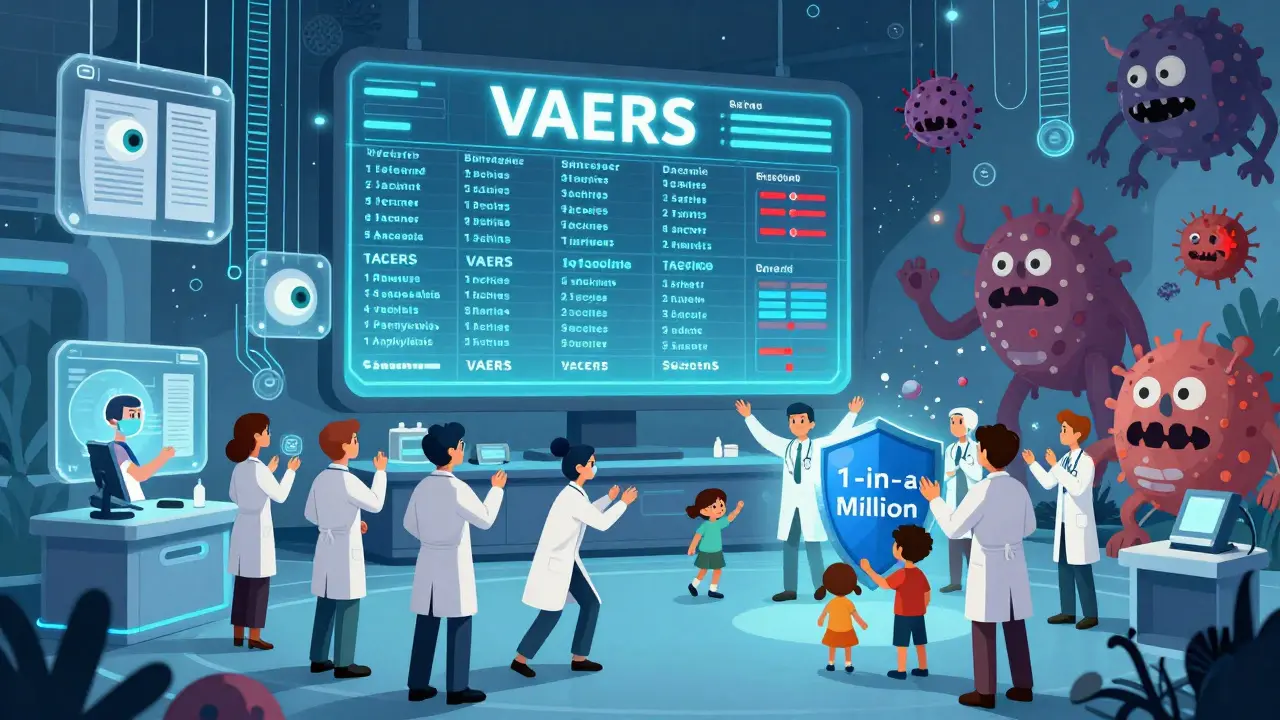 A safety hub with AI analyzing vaccine data, showing millions of safe doses and just two rare reactions.
