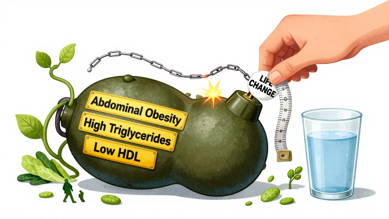 A ticking bomb inside the abdomen labeled with metabolic syndrome markers, being stopped by healthy habits.