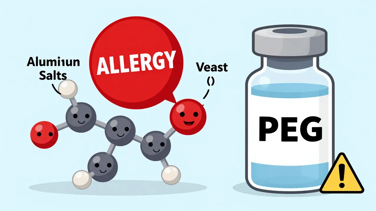A vaccine formula with friendly ingredients, where only one molecule triggers a small caution sign.
