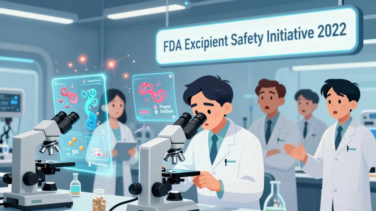 AI microscopes projecting holograms of inactive ingredients binding to human proteins in a high-tech lab with glowing data streams.