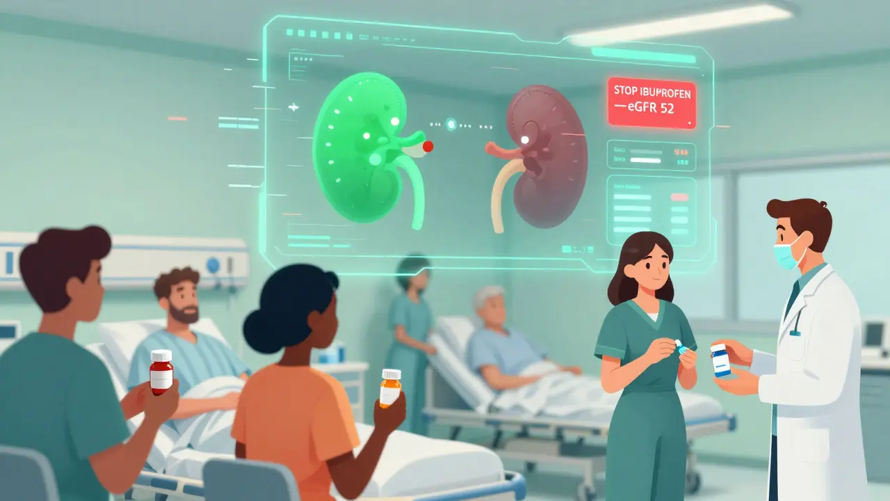 An AI health interface alerts doctors to stop harmful drugs, with patients exchanging NSAIDs for safer alternatives.