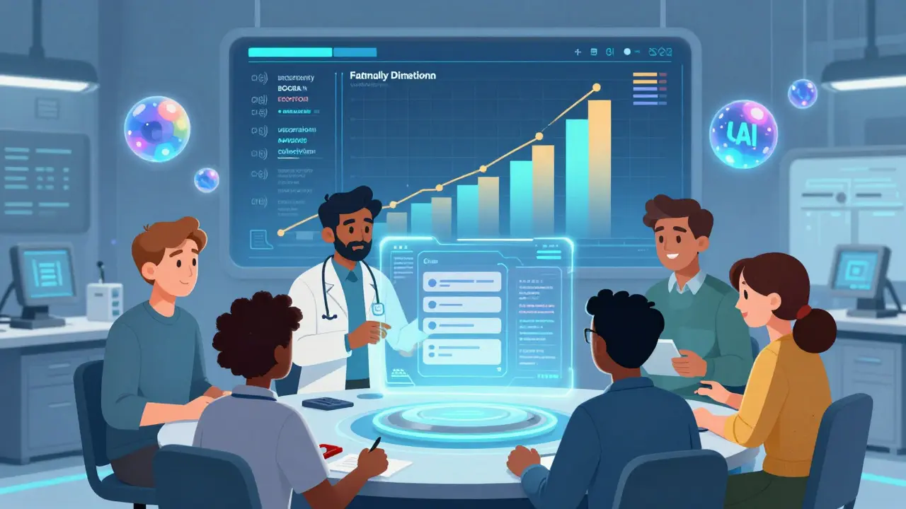 Diverse designers adjusting a holographic product using cultural data tools in a collaborative lab.