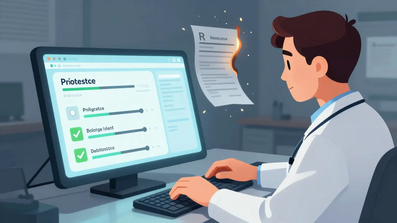 Doctor using a digital system to safely send an e-prescription with real-time safety alerts.