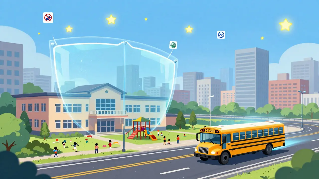 Electric school buses and a clean-air shield protecting a school’s playground, with policy icons rising toward a clear sky.
