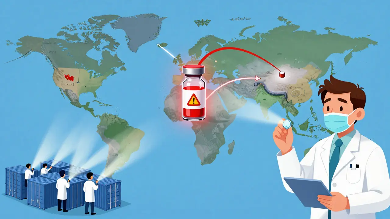 Global drug supply chain with contaminated vial glowing red, inspectors examining few shipments, and blue specks visible on a tablet.